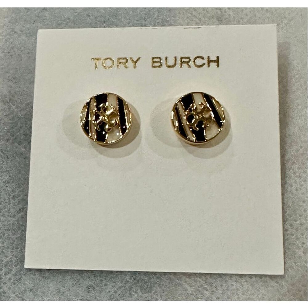 Tory Burch NEW earrings - Kira Enamel Circle-Stud Earrings - Gold Zebra - Picture 5 of 12